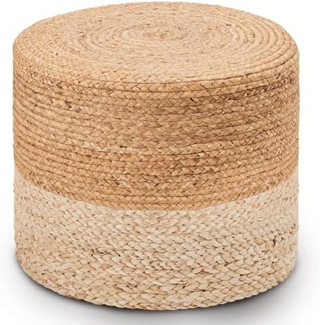 Wimarsbon 2Pcs Pouf Ottomans, Natural Seagrass Foot Stool, Hand Weaving Round Ottoman, Boho Decorative Seat, Jute Braided Pouffe Poof Accent Sitting Footrest (18inch Water Hyacinth Braid & Corn Husk)