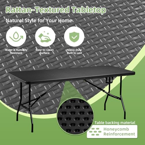 6FT Folding Table Portable Picnic Table Heavy-Duty Fold-in-Half Utility 6 Foot Foldtable Table with Carry Handle for Outdoor Indoor Party, Dining, Wedding, Camping, Black Ratten