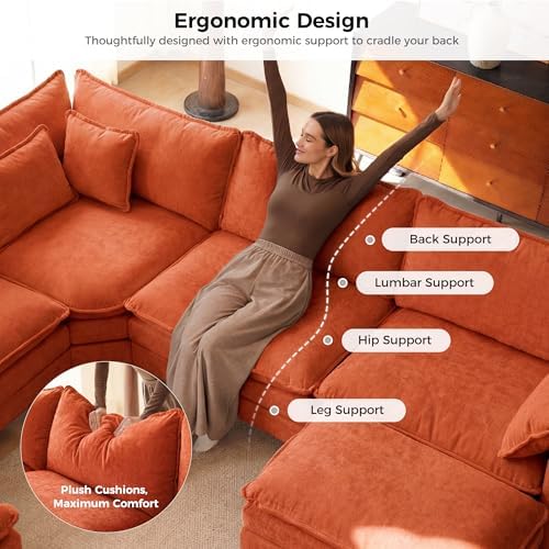 ELUCHANG 114" Oversized Modular Sectional Sofa, Comfy Chenille Cloud Couch, 6-Seater V Shaped Modern Deep Seat Sofa w/Removable Covers for Living Room, Bedroom, DIY Combination - Terracotta