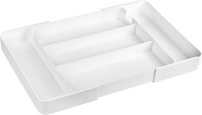 Expandable cutlery drawer organizer, silverware drawer organizer, freely adjustable large kitchen utensil tray with partitions, large adjustable plastic cutlery tray for knives, forks, spoons, white
