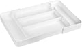 Expandable cutlery drawer organizer, silverware drawer organizer, freely adjustable large kitchen utensil tray with partitions, large adjustable plastic cutlery tray for knives, forks, spoons, white