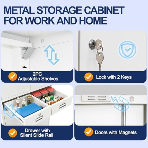 BESFUR Metal Storage Cabinet with 2 Drawers 4 Doors and 2 Adjustable Shelves Garage Storage Cabinet with Lock 71" Office Storage Cabinets Locking Cabinets for Garage Office Shop Home (White)
