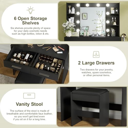 YESHOMY Vanity Desk with Mirror, Makeup Table, Pure Black | 2 Large Drawers, Power Outlet and Round Holder, 3 Color Modes Adjustable Bulb, Bench Included