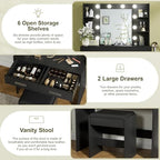 YESHOMY Vanity Desk with Mirror, Makeup Table, Pure Black | 2 Large Drawers, Power Outlet and Round Holder, 3 Color Modes Adjustable Bulb, Bench Included