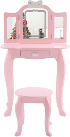 Vanity Set,ShyneeMakeup Dressing Vanity Set Wooden Princess Makeup Table with Cushioned Stool,Drawer,Wooden Legs and Mirror, Make Up Dressing Play Set for Girls (Pink Bow)