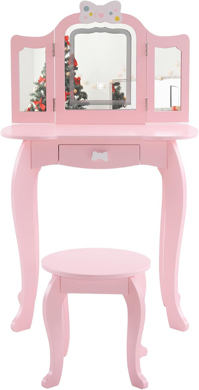Vanity Set,ShyneeMakeup Dressing Vanity Set Wooden Princess Makeup Table with Cushioned Stool,Drawer,Wooden Legs and Mirror, Make Up Dressing Play Set for Girls (Pink Bow)