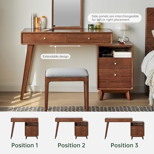 YESWOOD 35''-50'' Extendable Vanity Desk with Dresser, Oak Wood Makeup Table for Girls, Study Desk and Vanity Set for Bedroom, Barthroom, NO Chair