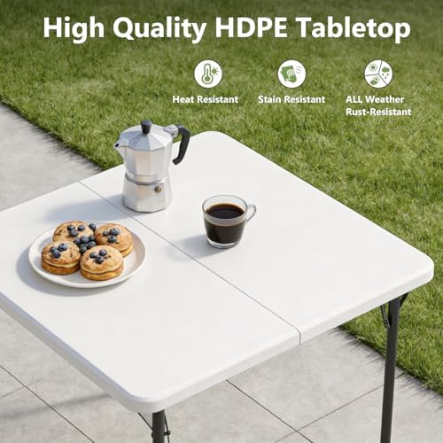 Folding Table, 36 Inch Square Foldable Card Table with Carrying Handle, Heavy Duty Fold-in-Half Portable Table No Assembly, Ideal for Picnic, Camping, RV Travel, Parties, BBQs, Crafting and Indoor Use