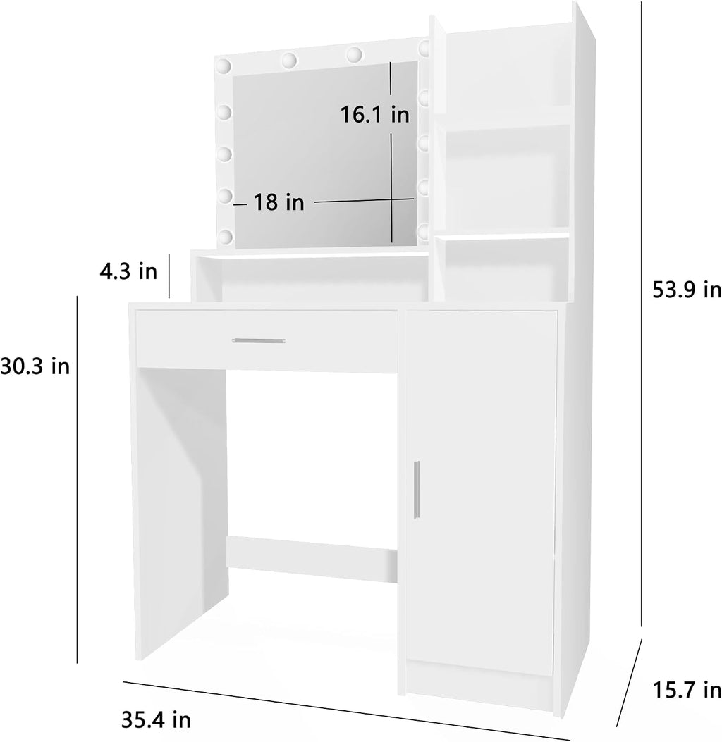 Palimder Vanity Desk with Mirror & Light, Large Drawer Three Level Storage Dresser, 3 Lighting Modes Adjustable Brightness, Bedroom Dressing Table