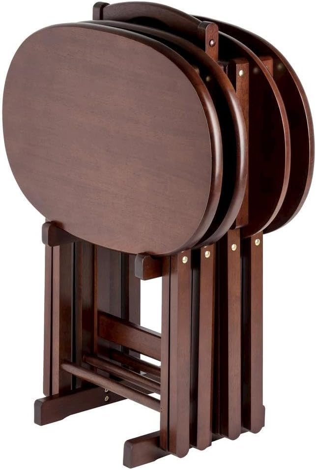 Furnifact Solid Wood Brown 5 Piece TV Trays Set Includes 4 Small Folding Tables with Oval Tops and Storage Stand, Ideal TV Tables for Eating Or Dinner Tray Table