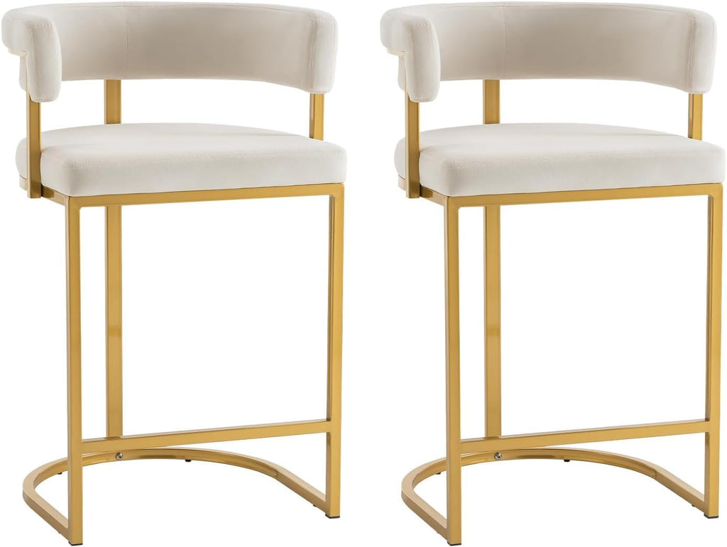 Modern Barrel Bar Stools Set of 2, 24" Velvet Counter Height Stools with Comfy Back and Arms, Sherpa Upholstered Kitchen Island Chair for Home Bar, Ivory