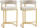 Modern Barrel Bar Stools Set of 2, 24" Velvet Counter Height Stools with Comfy Back and Arms, Sherpa Upholstered Kitchen Island Chair for Home Bar, Ivory