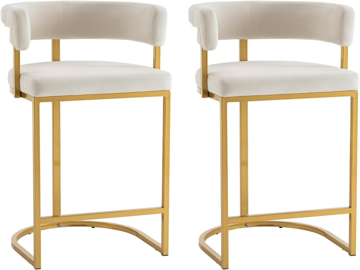 Modern Barrel Bar Stools Set of 2, 24" Velvet Counter Height Stools with Comfy Back and Arms, Sherpa Upholstered Kitchen Island Chair for Home Bar, Ivory