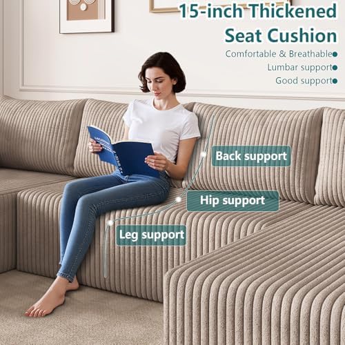 124" U-Shape Cloud Couch, Modern Modular Sectional U-Shape Sofa, Corduroy Couch Upholstered Couches Deep Seat Sleeper Chaise Longue for Living Room, No Assembly Required,Camel