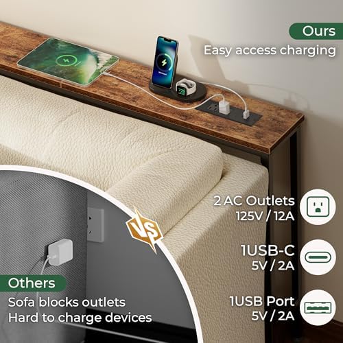 SUPERJARE 102.4 inch Narrow Behind Couch Table with Charging Stations | Power Outlet with USB-C Ports, Extra Storage Behind Sofa,Sofa Table Console Table for Entryway Living room, Rustic Brown