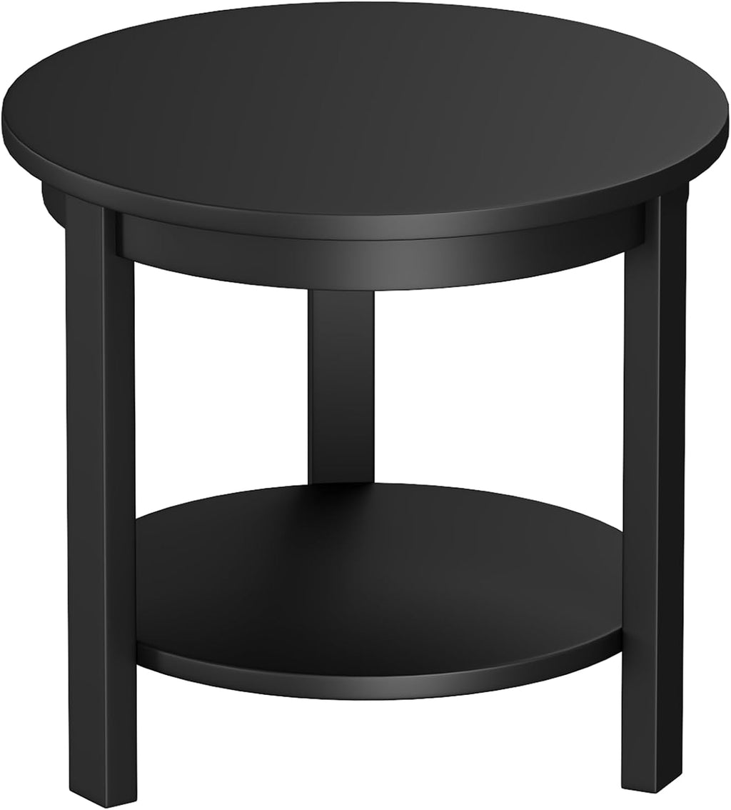 Solid Wood Round End Table with Storage Shelf, 22" W x 20" H, Mid Century Modern Wooden Coffee/End/Side Table for Bedroom Living Room, Black