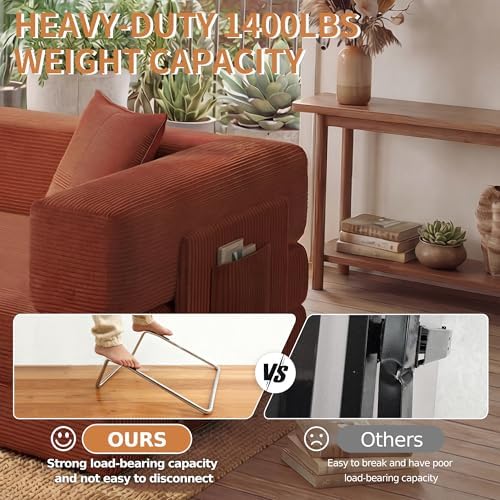 78.8" Couch for Living Room, Futon Sleeper Sofa Bed | Convertible Sofa Bed, Corduroy Pull Out Couch Loveseat with Storage Pocket, Modular Design, No Assembly, Orange