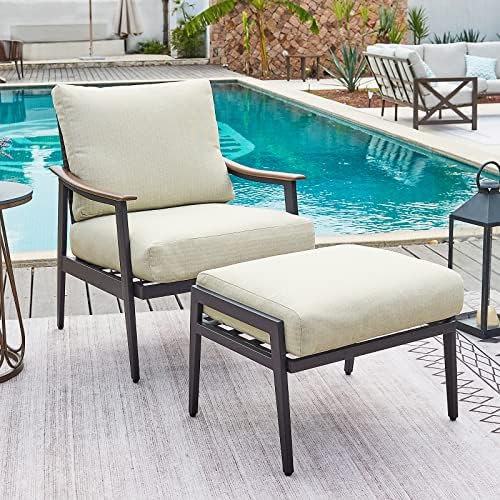 NATURAL EXPRESSIONS Patio Outdoor Chair with Ottoman, Wicker Backrest | 1 Matched Ottoman, Adjustable Feet, Natural Wood-garin Texture Arm, 6" Removable Cushion, Patio Sofa for Porch, Deck, Balcony