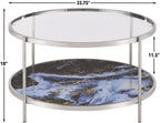 Pemberly Row 3-Piece Coffee & End Table Set, Engineered Wood, Blue Faux Marble & Glass, Chrome Frame, Contemporary Style Living Room Tables, Reversible Panels for Flexible Design