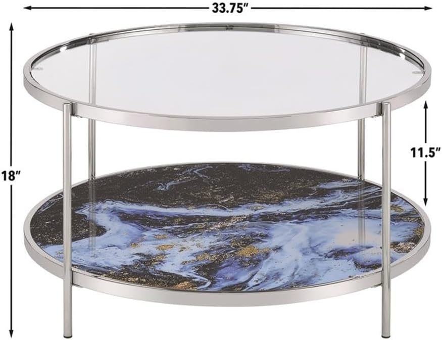 Pemberly Row 3-Piece Coffee & End Table Set, Engineered Wood, Blue Faux Marble & Glass, Chrome Frame, Contemporary Style Living Room Tables, Reversible Panels for Flexible Design
