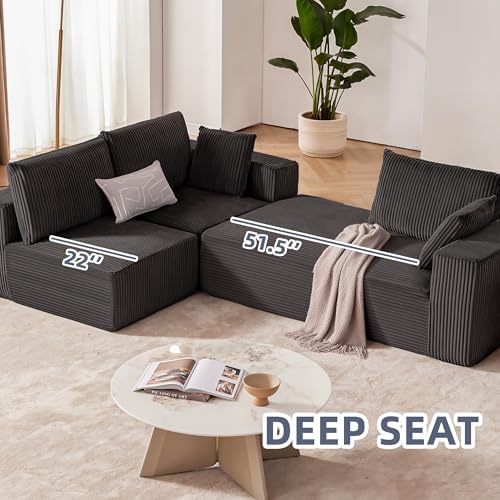 108" Couch with Chaise, Cloud Sectional Modular Sofa, Darkgrey | Deep Seat Modular Sectional Sofa for Living Room, Upholstered Corduroy Couch for Apartment, Convertible No Assembly Sofa