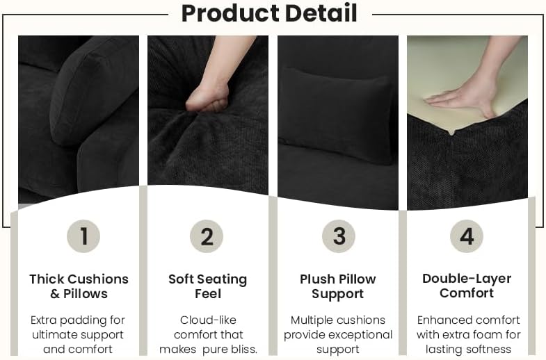 Cloud Couch for LivingRoom,190" U Shaped Modular Sectional Couch with Storage Ottoman,Down Filled 9 Seater Convertible Sleeper Sofa Bed Oversized Furniture,Black