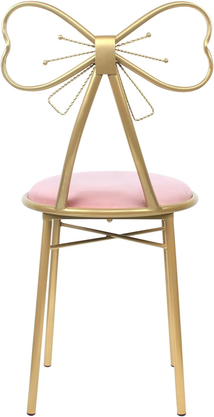 Velvet Vanity Chairs, Metal Cute Butterfly Stool Chair Dresser Makeup Chairs Stool with Pink Velvet Cushion and Bow Knot Backrest for Girl Bedroom, Living Room (Light Pink)