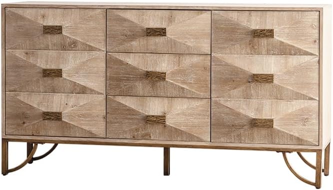 59.44" Light Wood Sideboard, Geometric Relief Buffet with 3 Drawers & 2 Doors, Gold Metal Legs for Living Room Dining Room Storage