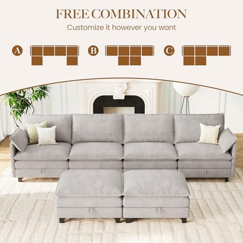 140" U-Shaped Modern Modular Sectional Couch, Chenille Cloud Couches with Storage Ottoman, Deep Seat Sofa with Side Pocket for Living Room, Bedroom and Apartment, Light Grey