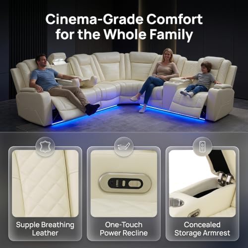 A Ainehome Leather Power Furniture Reclining Sectional Couch, Living Room Power Recliner Adjustable Sofa, Loveseat and Chair with Storage Console for Living Room/Office(Off-White)