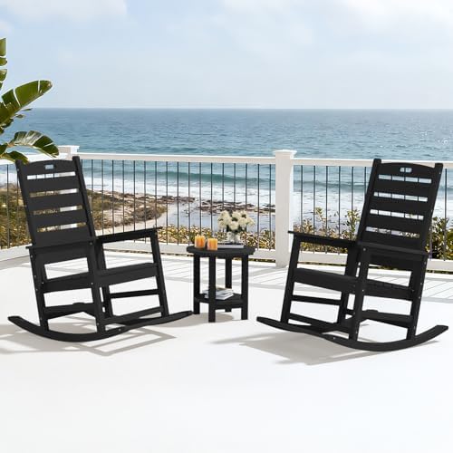 SERWALL Outdoor Rocking Chair Set of 2, Oversized HDPE Rocker, Black | Heavy Duty Front Porch Rocker with Footrest, all Weather Porch Rocker for Deck Patio Balcony, 350lbs Weight Capacity
