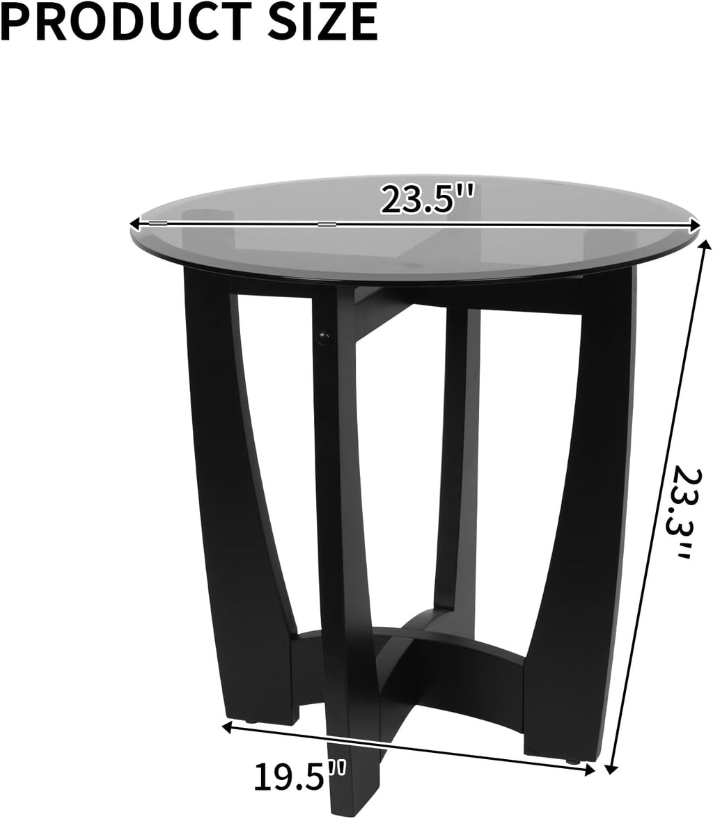 LKTART Glass End Table, 23.5" Round Side Tables with Black Tempered Glass Top Cross and Solid Wood Base Small Night Stand for Living Room Office Apartment Black