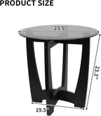 LKTART Glass End Table, 23.5" Round Side Tables with Black Tempered Glass Top Cross and Solid Wood Base Small Night Stand for Living Room Office Apartment Black