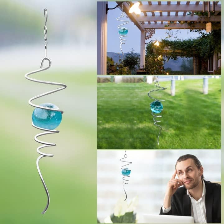 Gazing Ball Spiral Tail Wind Spinner Stabilizer, Garden Decorations Stainless Steel Metal with Hook & Wathet Crystal Glass Orb Outdoor Hanging Decor Kinetic Yard 3D Swivel Art Sun Catchers