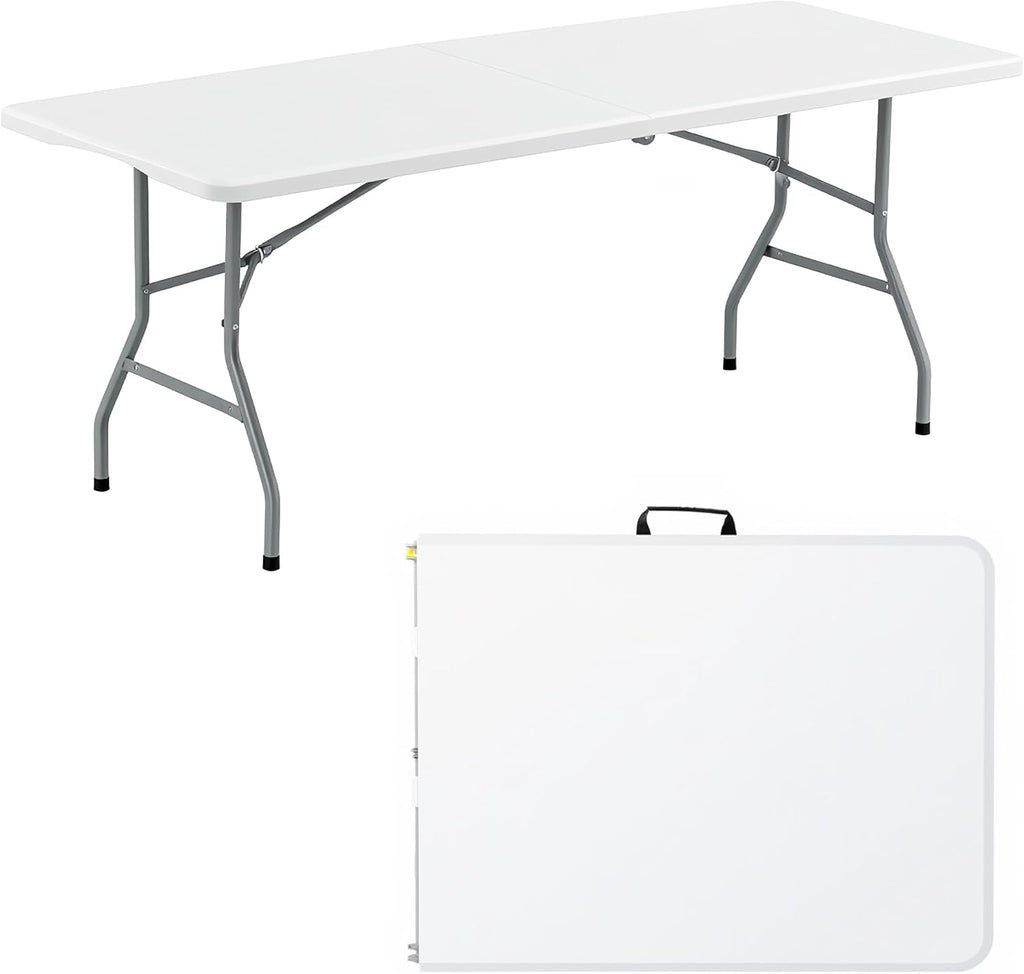 6FT White Plastic Folding Table Heavy Duty Tables Set of 1 | HDPE Tabletop Fold-in-Half Portable Utility Foldable Carrying Handle for Party Picnic Dining Office Event Indoor & Outdoor