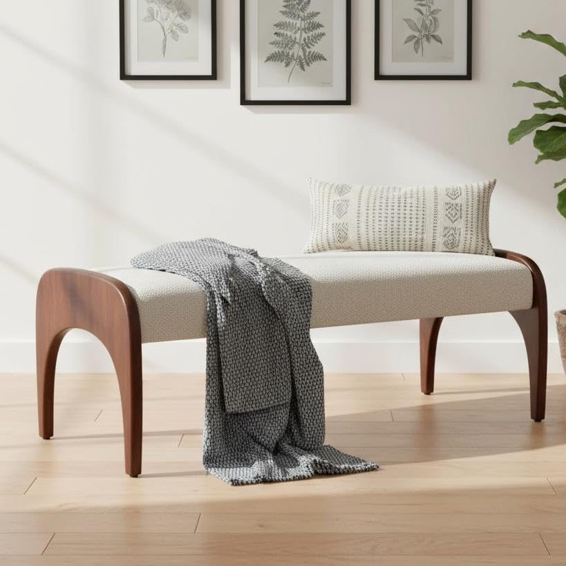 LukeAlon 51-Inch Extra Long Upholstered Bench with Cute Solid Walnut Rubber Wood Legs, Minimalist Bed End Bench for Bedroom, Living Room, Dining Table, Entryway Hallway Seat, Fur Fabric in Beige