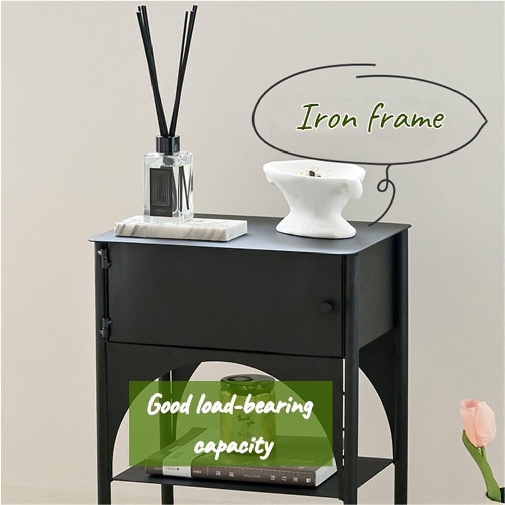 Black Side Table with Drawer, Wrought Iron Nightstand, 2-Tier End Table, Narrow Cabinet for Bedroom，Living Room, Office