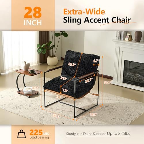 VINGLI 28" Wide Plush Upholstery Sling Modern Accent Chairs Set of 2, Cute Reading Armchair with Removable Seat Cushion & Tan Microfiber Seat Base, Lazy Chair for Bedroom & Lounge,Black