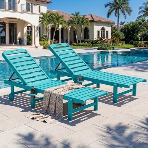 SERWALL HDPE Outdoor Chaise Lounge Set of 2 with Cup Holder & Wheels, Aruba | Weather-resistant chaise lounge resists fading, with 5-level adjustable back, cup holder and wheels.