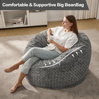 Hobestluk Bean Bag Chair Large Washable Soft Living Room Adult 3Ft Grey | No Assembly Required Memory Foam Filling Machine Washable Cover Bedroom Dorm Reading Gaming Fluffy Plush Faux Fur Fabric