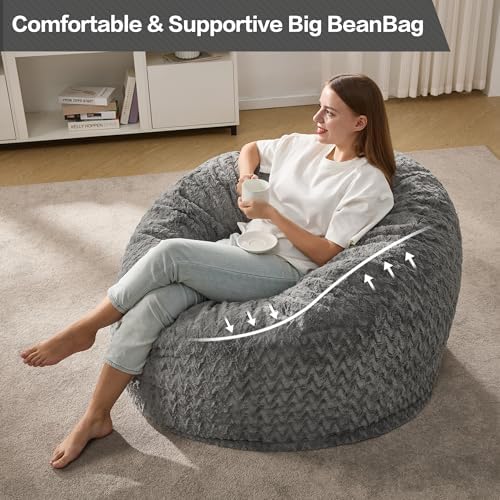 Hobestluk Bean Bag Chair Large Washable Soft Living Room Adult 3Ft Grey | No Assembly Required Memory Foam Filling Machine Washable Cover Bedroom Dorm Reading Gaming Fluffy Plush Faux Fur Fabric