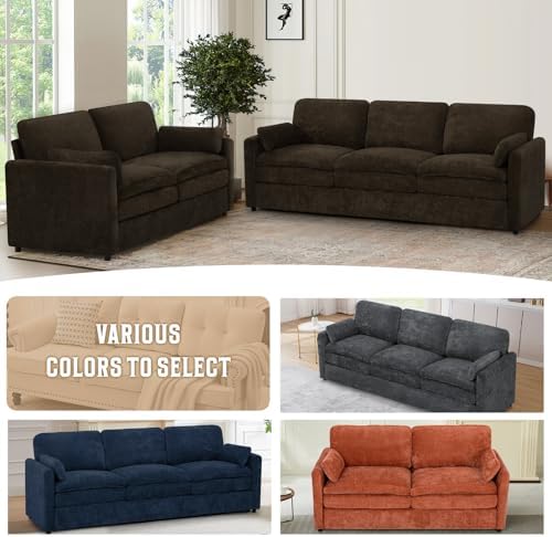 Comfy Chenille Sofa Set with Well-Filled Pillows, Brown | Modern 3 Seater & Loveseat Sofa w/Upholstered Cushions, 2 Pieces Sectional Couch w/Soft & Thickened Seats for Living Room