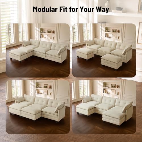 Amsleekey 111.5" U Shaped Modular Sectional Sofa, Beige Corduroy | Cloud Couch for Living Room, 3 Seater Deep Seat Convertible Sleeper Sofa with 2 Movable Ottomans and 2 Leg Height Options
