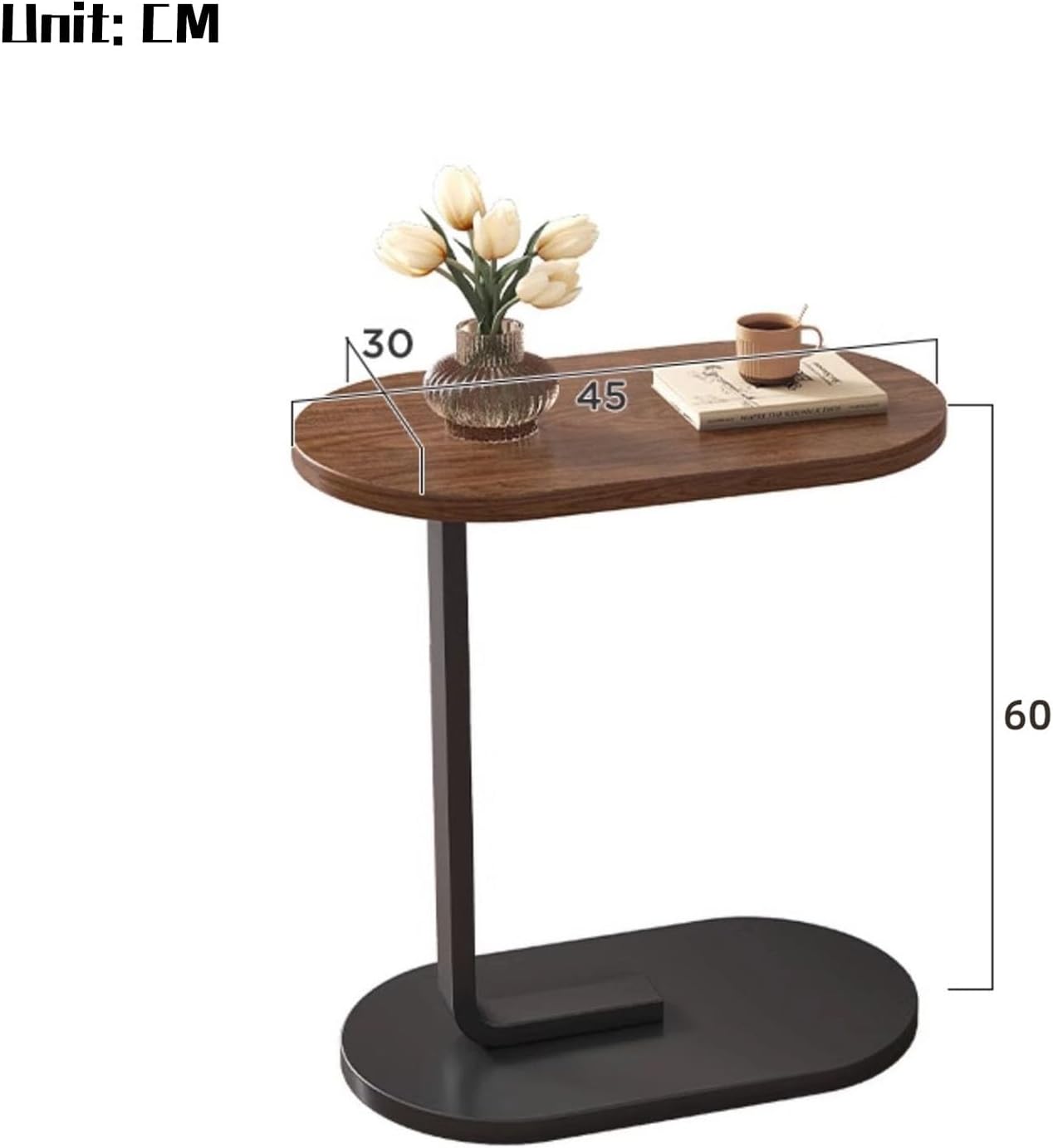 TY&WJ Small Side Table End Table,C Shaped Oval Coffee Table Wooden TV Tray Narrow Couch Arm Tray Tables for Snack Drink Tray Living Room Bedroom,F,60x45x30cm(24x18x12inch)