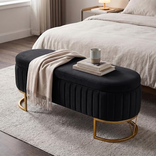Storage Bench Bedroom Bench, Velvet Oval Upholstered End of Bed Bench with Golden Metal Legs, 46” Modern Storage Ottoman Bench for Bedroom, Living Room, Entryway, Window, Black