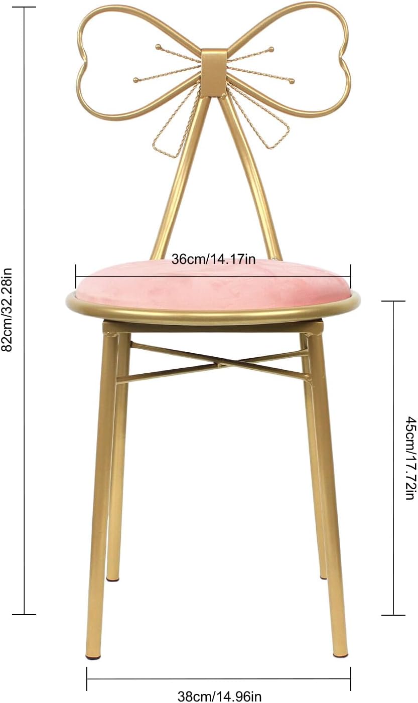 Velvet Vanity Chairs, Metal Cute Butterfly Stool Chair Dresser Makeup Chairs Stool with Pink Velvet Cushion and Bow Knot Backrest for Girl Bedroom, Living Room (Light Pink)