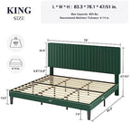 Allewie King Bed Frame, Velvet Upholstered Platform Bed with Adjustable Vertical Channel Tufted Headboard, Mattress Foundation with Strong Wooden Slats, Box Spring Optional, Easy Assembly, Green