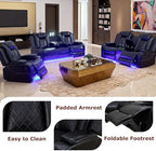 Power Recliner Sofa Set, Black Leather 3 Pieces Sectional Couch, Living Room Furniture Sets with LED Light, Modern Power Reclining Sets with Storage Console/Cup Holder for Living Room
