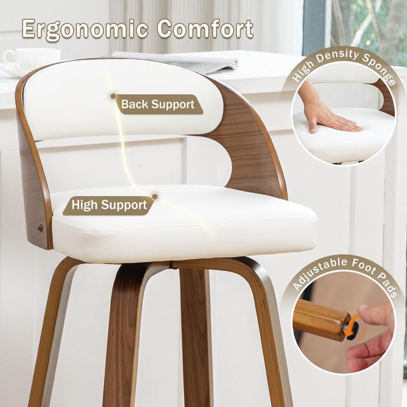 Swivel Counter Height Stools Set of 4, 25" Counter Stools with Bentwood Curved Back Upholstered Seats Mid Century Modern Stools for Kitchen Island, Counter, White