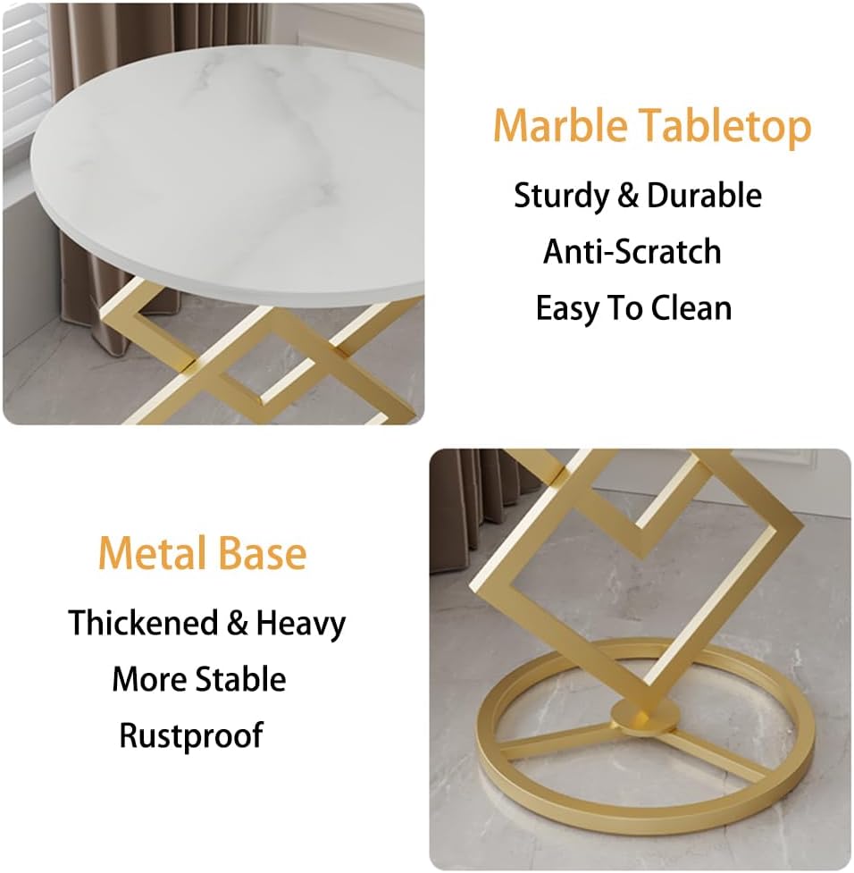 Boho Round Side Table Living Room, Luxurious Marble Desktop end Tables with Simple Aesthetic Metal Base, Modern Decor Bedside nightstand Coffee Snack Table for Bedroom Sofa Patio Balcony